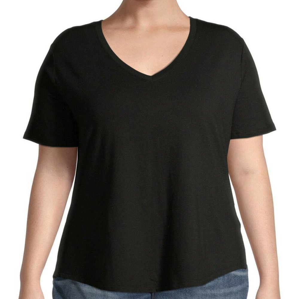 TERRA & SKY black V neck short sleeve top 1X